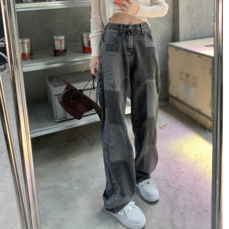 

Denim Patchwork Contrast Color Women Trousers High Waist Pocket Casual Female Wide Leg Pants Streetwear Fashion Wash Lady Bottom
