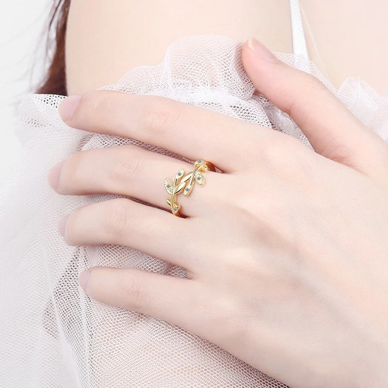

New Fashion Elegant Charming Finger Rings Fresh Branch Leaf Design Opening Ring Band Micro Crystal Inlaid Instagram Hot Ring