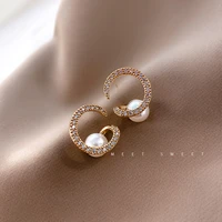 korean version of simple fashion spiral circle diamond pearl s925 silver needle earrings female temperament wild earrings