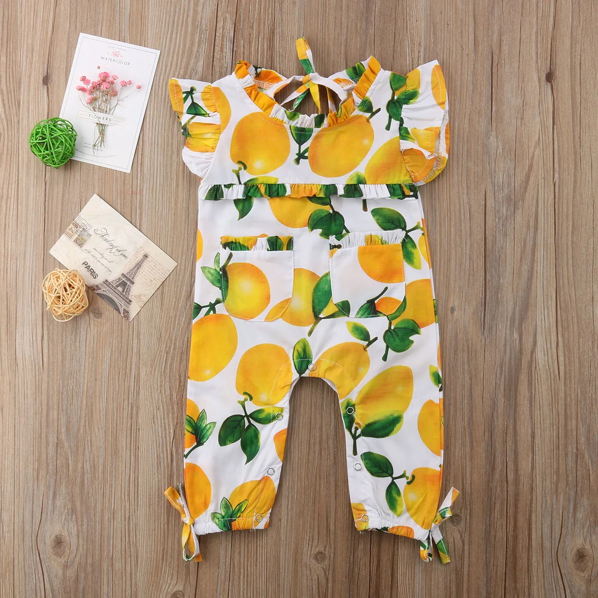 

Комбинезон с принтом фруктов для маленьких девочек, комбинезоны без рукавов с оборками и открытой спиной, комбинезон с карманами