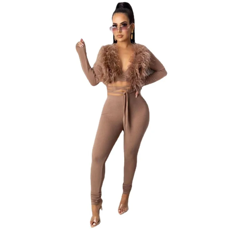 

Mozision Autumn Bandage Two Piece Set For Women Brown Long Sleeve T-shirt And Long Pants Suit Ladies Casual Trouser Set Fashion