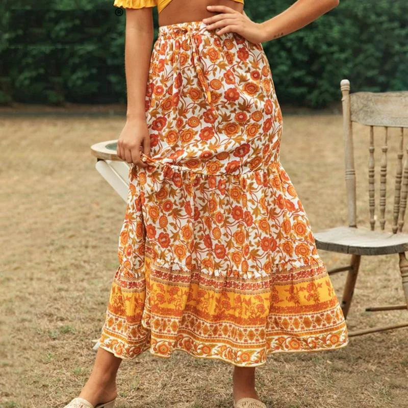 

Женская пляжная юбка с цветочным принтом, Повседневная трапециевидная мини-юбка на завязках с оборками в богемном стиле, лето 2021