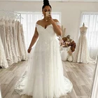 Свадебное платье размера плюс трапециевидной формы с открытыми плечами, кружевной аппликацией, тюлевым платьем с открытой спиной, свадебное платье со шлейфом