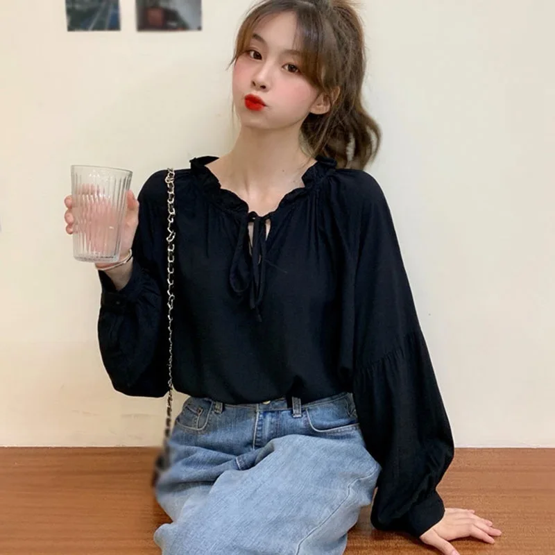 

Черная рубашка на шнуровке во французском стиле, женская дизайнерская осенняя одежда, однотонная черная рубашка 1