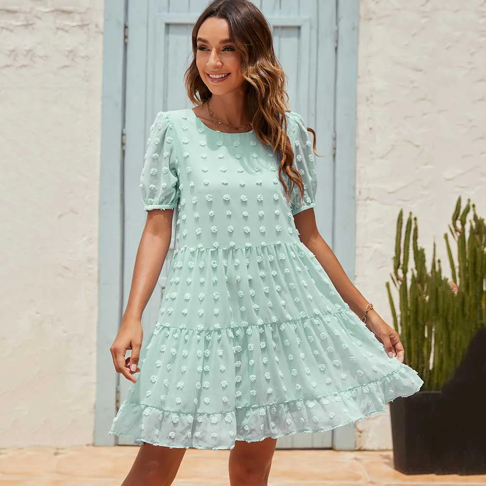 

Женское шифоновое мини-платье с круглым вырезом, коротким рукавом и воланом