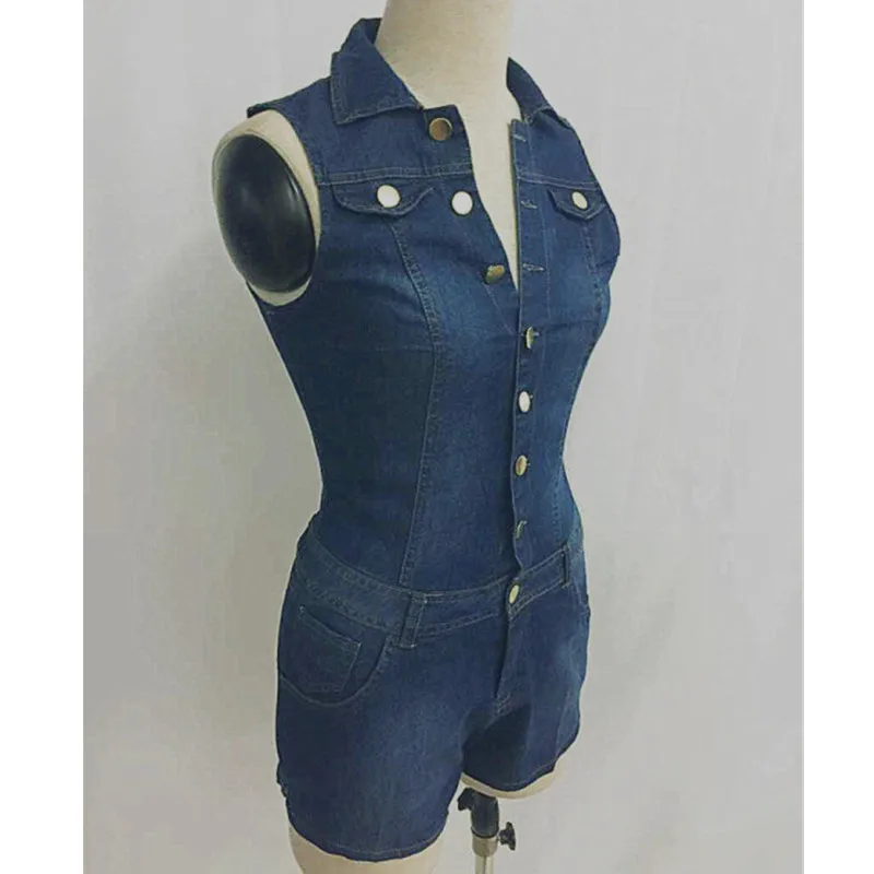 Комбинезон женский джинсовый без рукавов на пуговицах|Комбинезоны c шортами| |