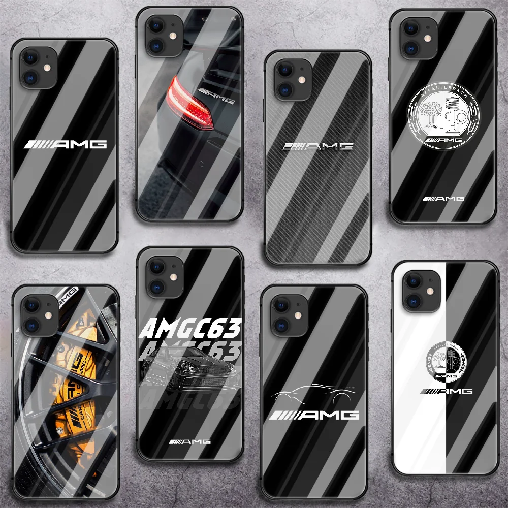 

AMG Luxury Car Phone Tempered Glass Case Cover For IPhone 6 6S 7 8 11 12 X Xr Xs Se 2020 Pro Max Plus Mini