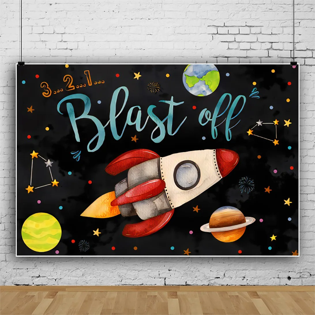 

Colorful Rocket Planet Painted Blast Off Backdrops Photo Background Decorations for Baby Shower Birthday Party Photography Prop