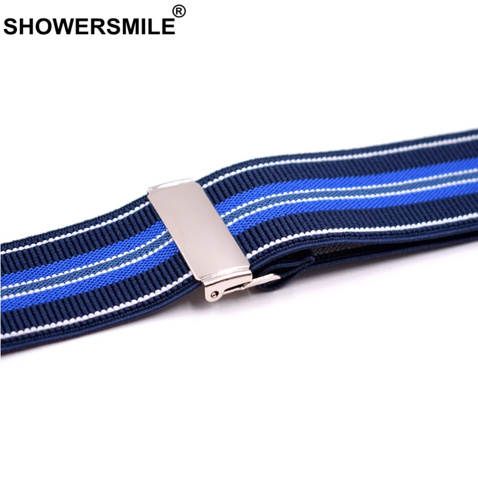 Мужские подтяжки SHOWERSMILE синие с полосками на спине 4 зажима эластичные