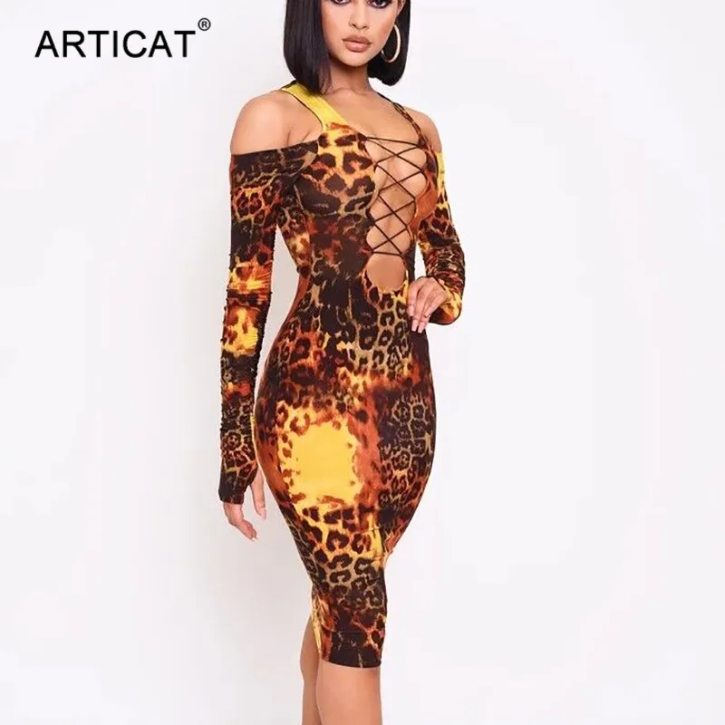 Articat леопардовое Бандажное платье со шнуровкой женское облегающее миди с длинным