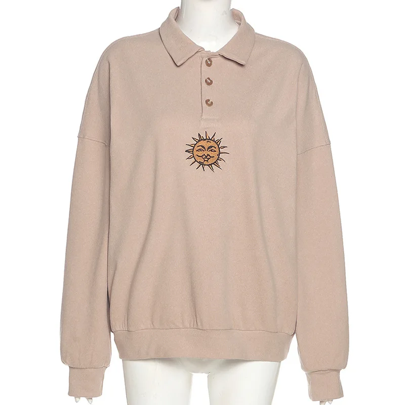 

Long Sleeve Embroidery Loose Sweatshirt Women Turn Down Collar Buttons Oversized Hoodie 2020 Autumn Pullovers Sudadera Mujer