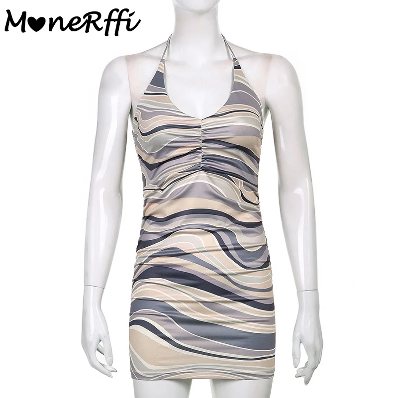

MoneRffi Tie Dye Mini Bodycon Dress Club Wear Summer Ladies Clothes Women Print Backless Off Shoulder Brown Sheath Dress 2021