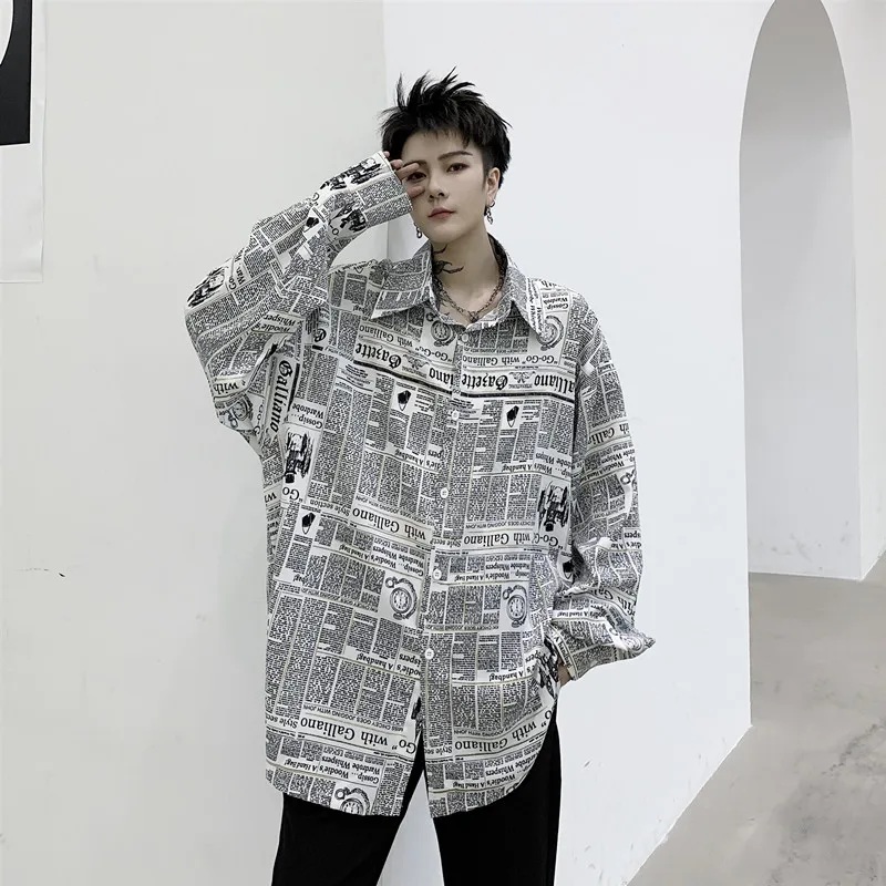 Мужская Повседневная Свободная рубашка с принтом газет и длинным рукавом
