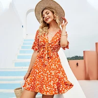 2021 new summer short floral dress women casual bow collor ruffles short sleeve sweet ladies beach style mini print dresses