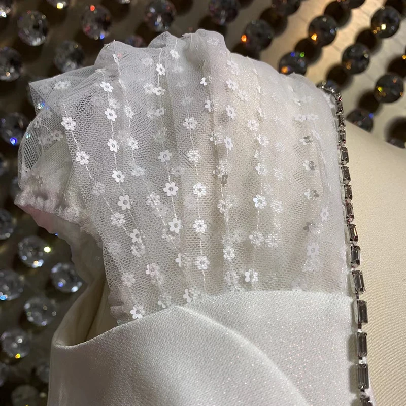 

TWOTWINSTYLE Elegant White Dress For Women V Neck Short Sleeve High Waist Patchwork Sequin Midi Dresses Female 2021 Summer Style