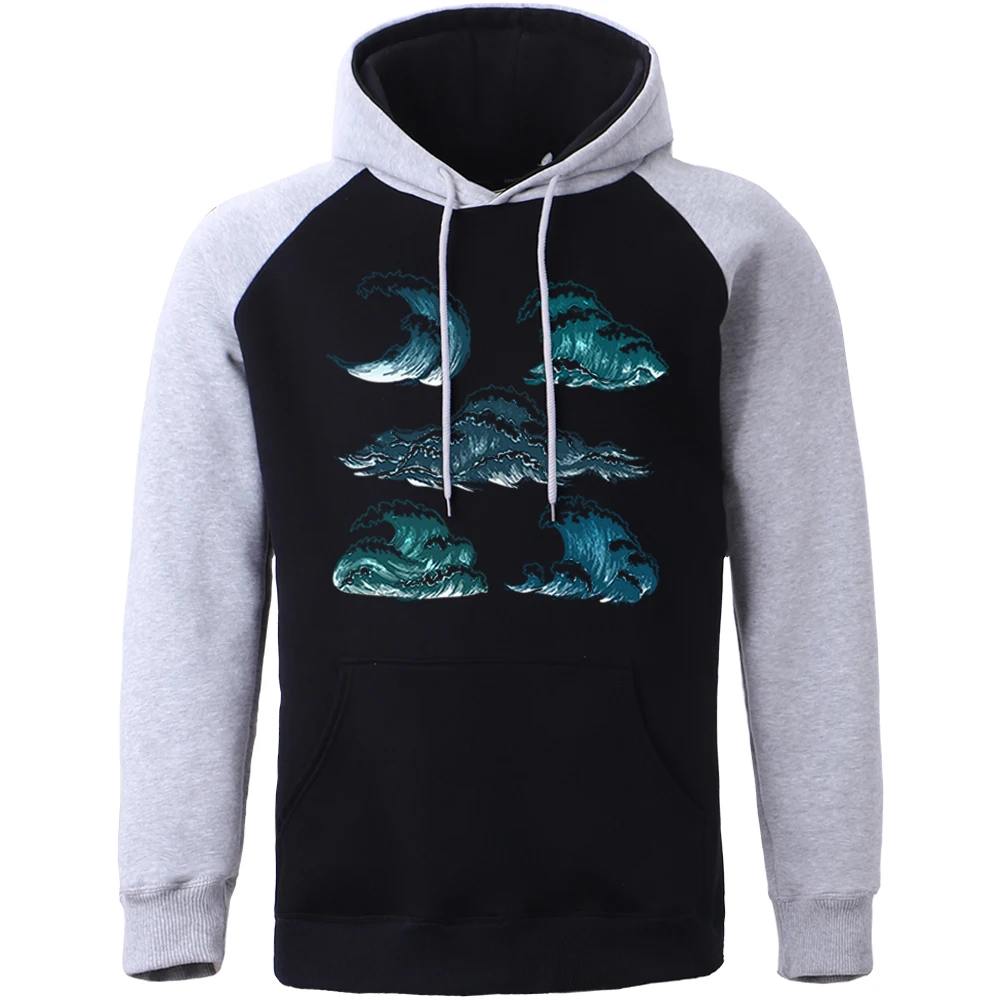 

Spring 2021 Fashion Hooded Wave Printed Funny Cool Hoodies Men Loose Casual Raglan Sweatshirts Hip Hop Fleece Streetwear Mens