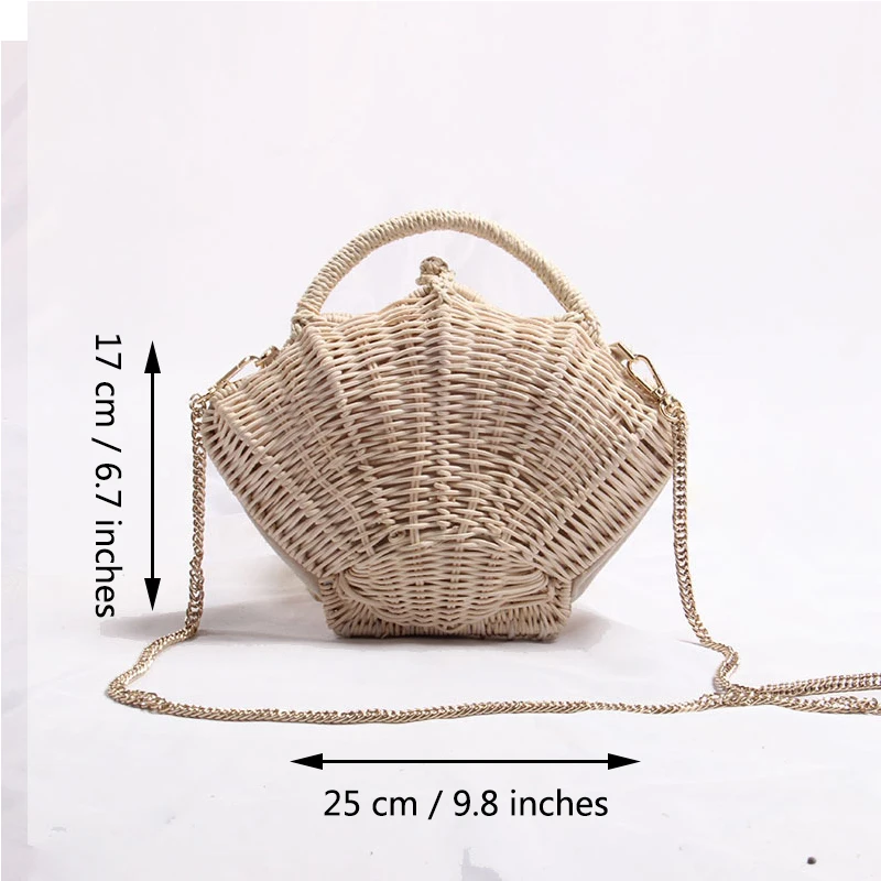 

Rattan Shell Chain Casual Crossbody Bag for Women Summer Beach Woven Ladies Shoulder Bag Straw Designer Purses and Handbags New
