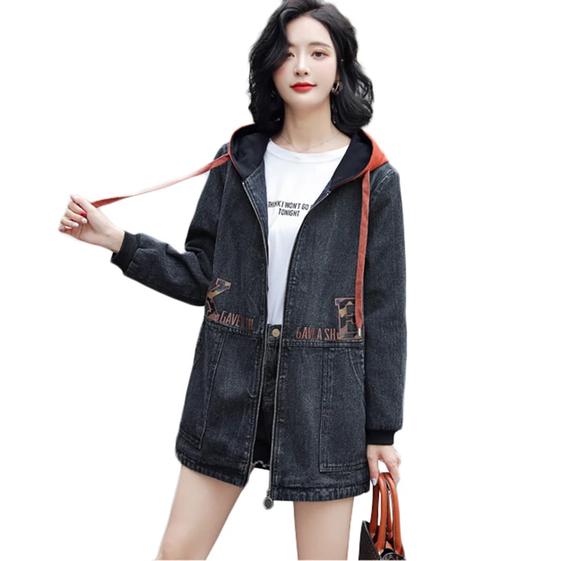 

New Spring Autumn Denim Jacket Women's Long Hooded Printed Basic Coat Loose Korean Fashion Trench Coats Plus Size Bomber Jackets