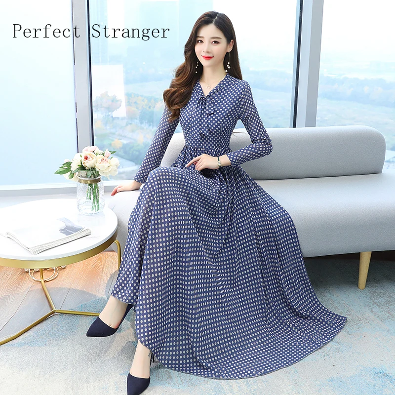 Женское шифоновое платье в горошек Элегантное Длинное с бантом на воротнике и