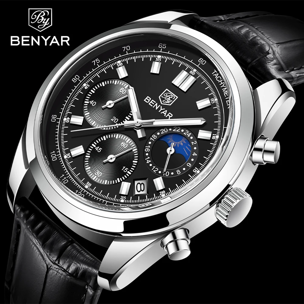 

2021 BENYAR New Quartz Wristwatches Stainless Steel 30ATM Waterproof Luxury Leather Military Chronograph Watch reloj hombre