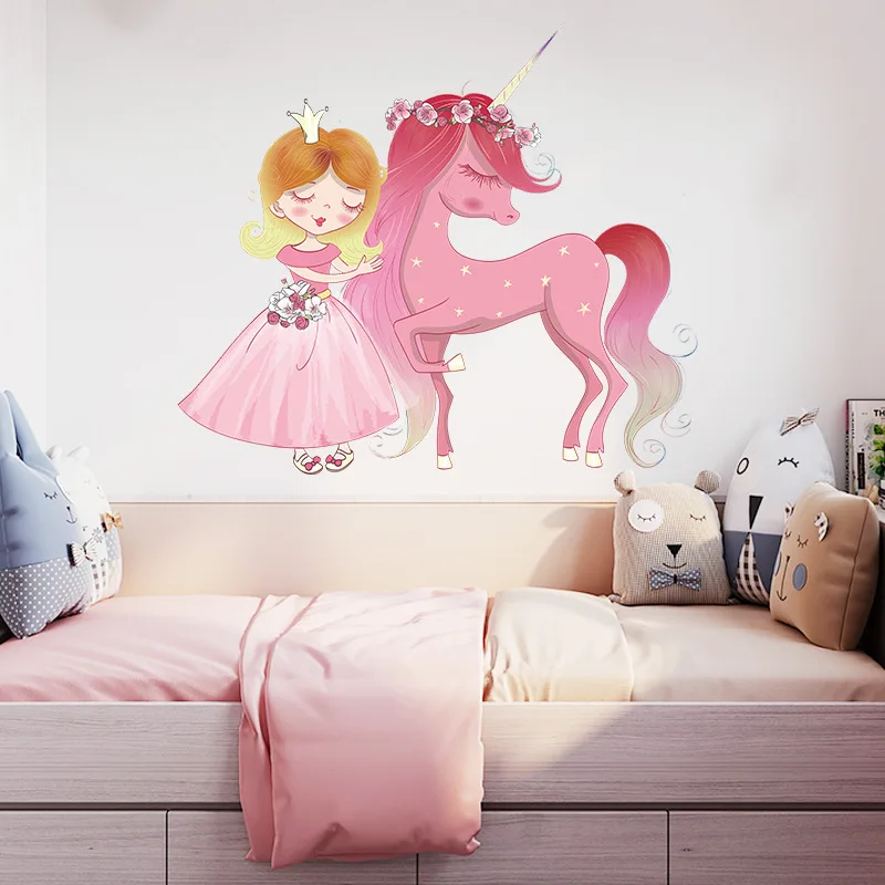 Princess Wall Sticker on Pink Unicorn for Girl's Room Bedside Background Wall for Christmas Presents