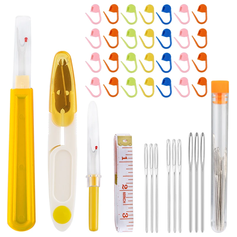 

RORGETO 74PCS Sewing Tool with Stainless Steel Silver Blunt Big Eye Needle Seam Ripper Thread Cutter Scissor Sewing Clip