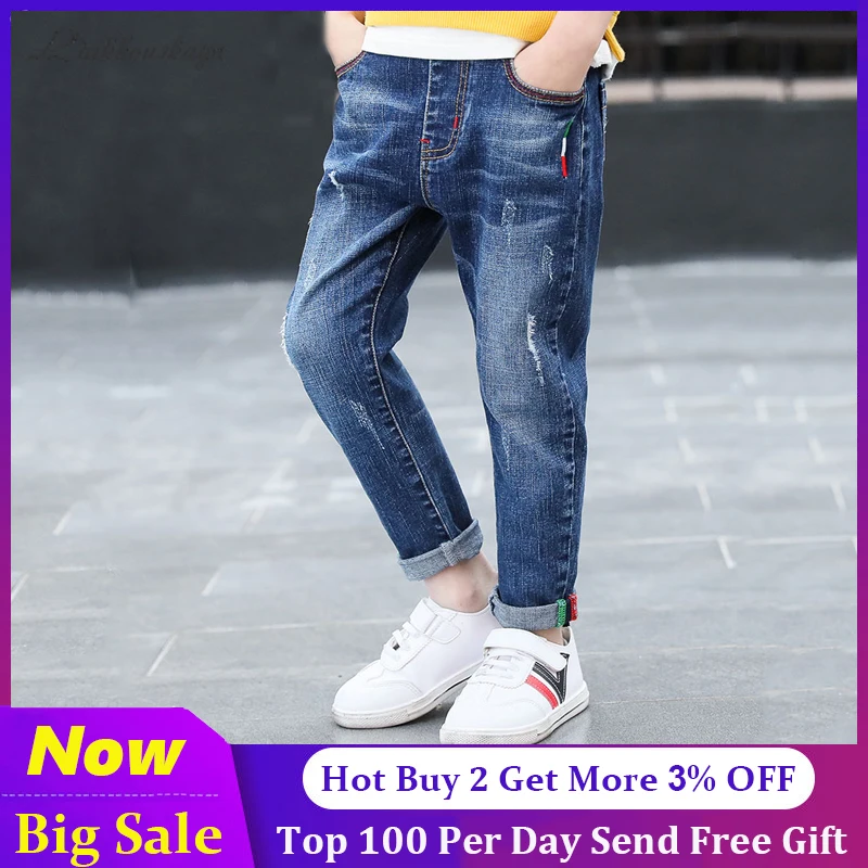 2021 Сезон весна осень Модные детские брюки Джинсы для мальчиков девочек