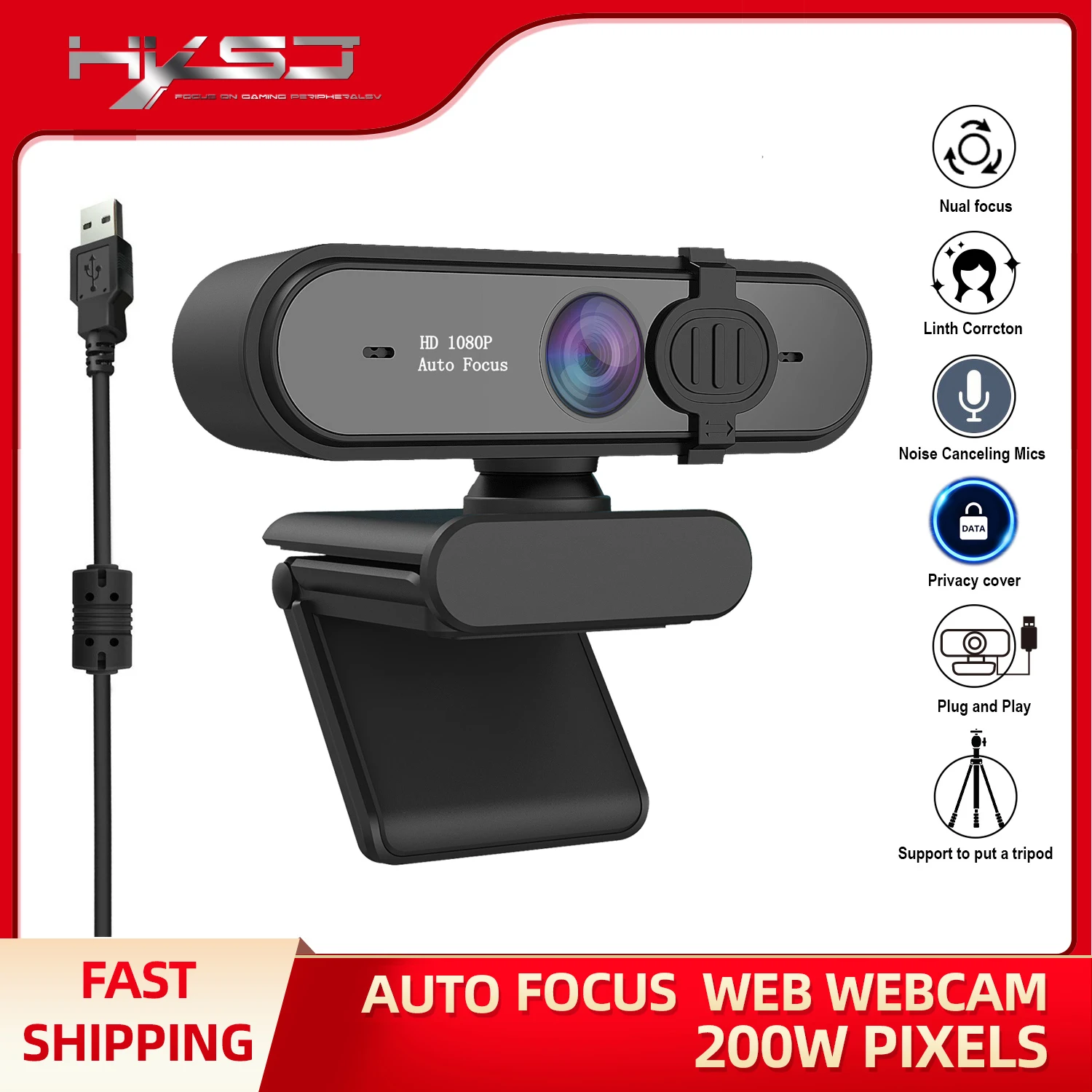 

HXSJ HD Webcam 30fps AF Camera 360 rotatable ABS Digital web cam Support 1080P 720P for Video Conferencing and Android Smart TV