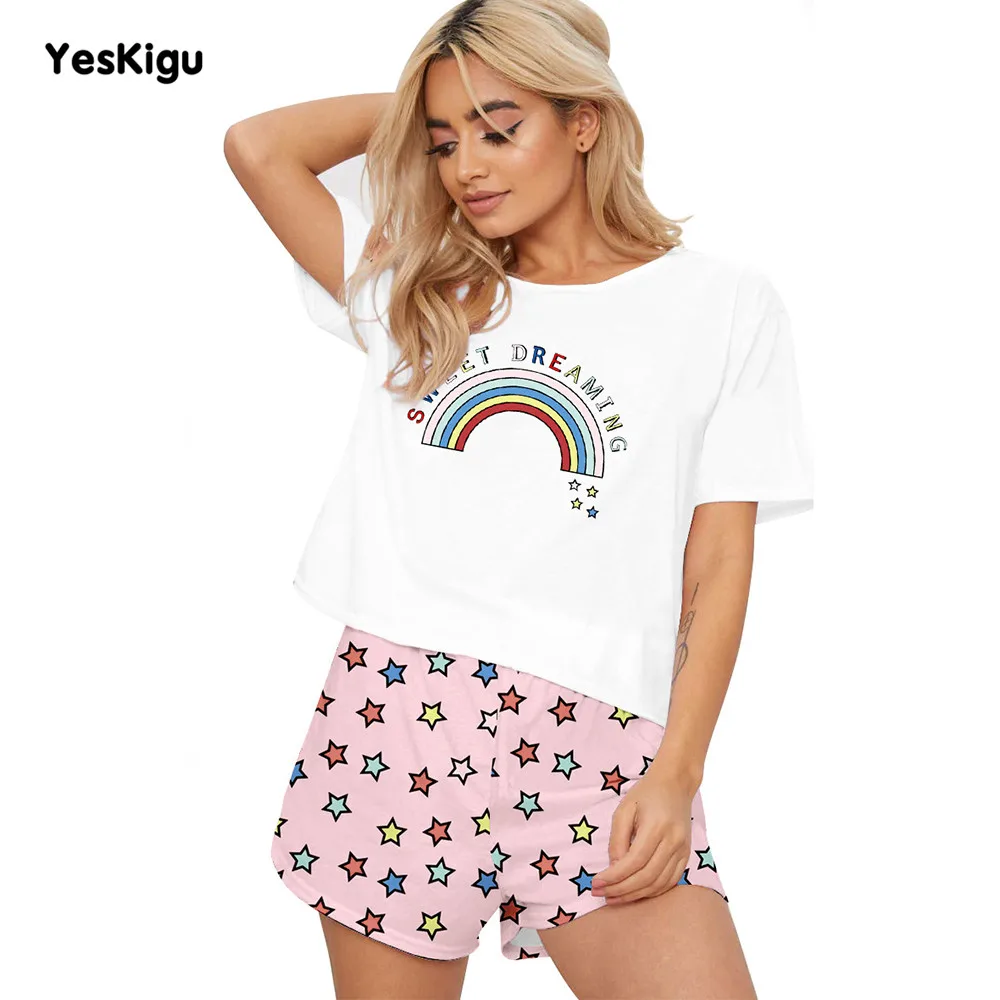 Пижама женская атласная из топа с коротким рукавом и 3D-принтом | Женская одежда