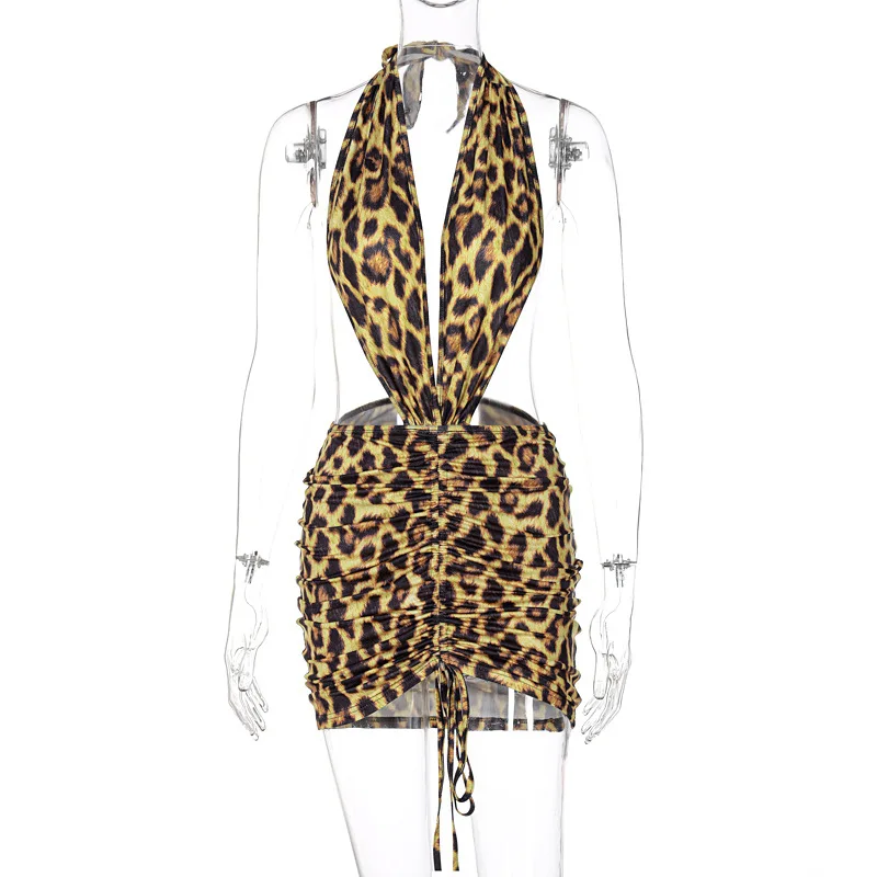 

Women Backless Dress Leopard Print European and American Women New Summer Fashion Sexy Halter Neck Drawstring Dress Donsignet