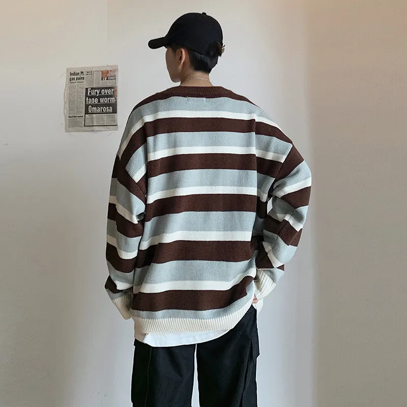 

2020 Pullover Striped Sweater Oversized Mens Knitted Men Sweaters Hip Hop Harajuku Korean Casual Black Sweater Men Clothing New