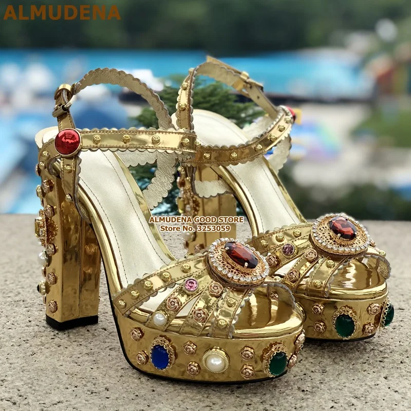 ALMUDENA/Босоножки на платформе, Украшенные бусинами, на массивном каблуке, украшенные стразами; свадебные туфли-лодочки в стиле ретро, синего, золотого цвета, украшенные стразами