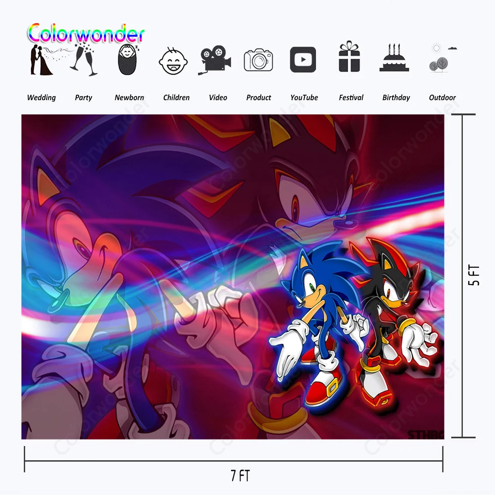 Anime Kids 1st Birthday Party Photography 7X5FT Newborn The Hedgehog Sonic with Shadow Red Backgrounds Backdrops for Game | Электроника