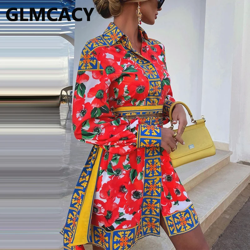 

Women Long Sleeve Turn Down Collar Floral Printed Elegant Shirt Dress