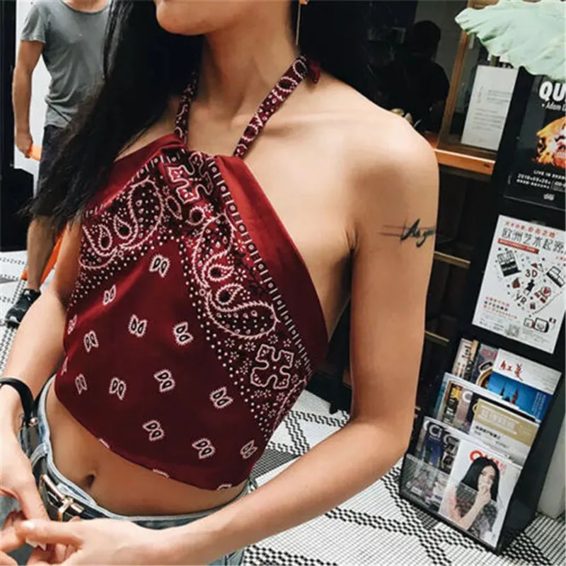 

Bohemian Women Fashion Summer Backless Vest Crop Top Casual Floral Sleeveless Tank Tops Sexy Printing Halter Pullovers Clothing