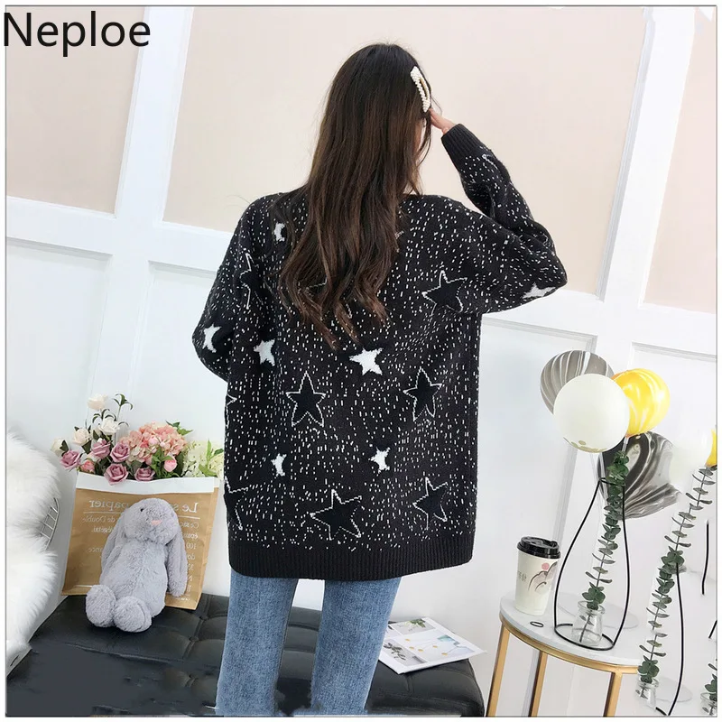 Neploe Корейская фея Свободный кардиган размера плюс пот звездное небо узор вязаный
