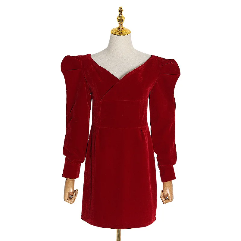 

2020 summer new fashion elegant retro deep V neck pure color dress bubble sleeve high waist t casual dress mini velvet dress