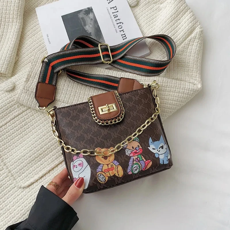 

Vintage Printed Lock Bucket Bag Ladies Shoulder Bag Luxury High Quality Pu Leather Crossbody Bag Handbag Popular Style 2021