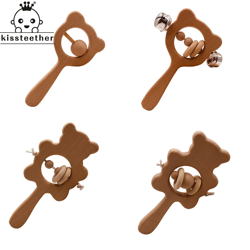 Kissteether-mordedor de oso oblicuo de madera para beb&eacute;, sonajeros de dentici&oacute;n Natural, juguete de agarre, regalo para Baby Shower-0