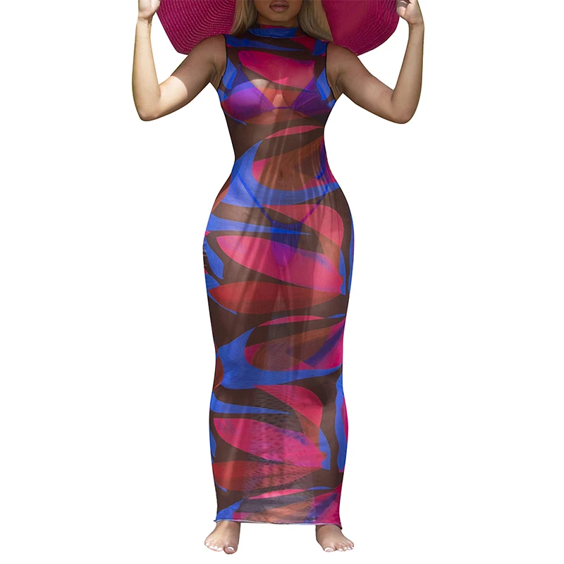 Сексуальное Сетчатое пляжное платье SEBOWEL женское облегающее с принтом без