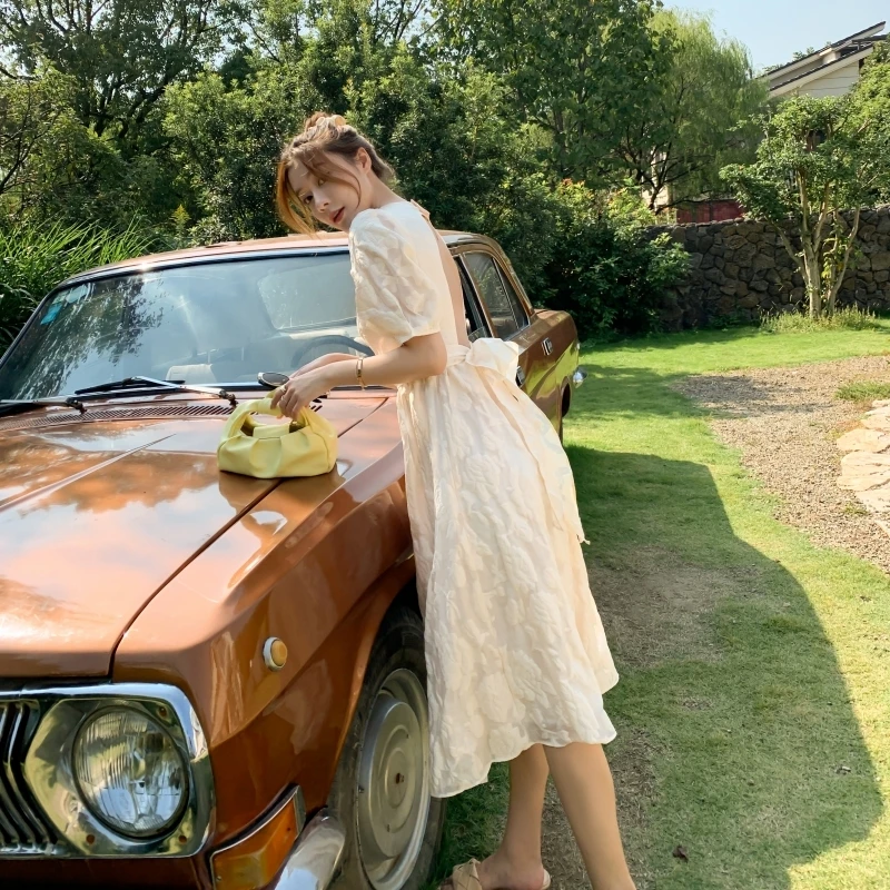 

Backless Hollow Aprico Women Dress Bandage Bow Short Puff Sweet Sleeve Casual Sexy O Neck High Waist Long Elegant Vestidos