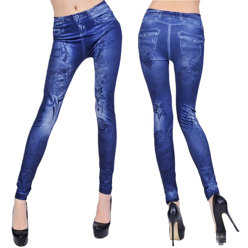 Бесшовные модные джинсовые леггинсы с принтом черепа женские узкие брюки |