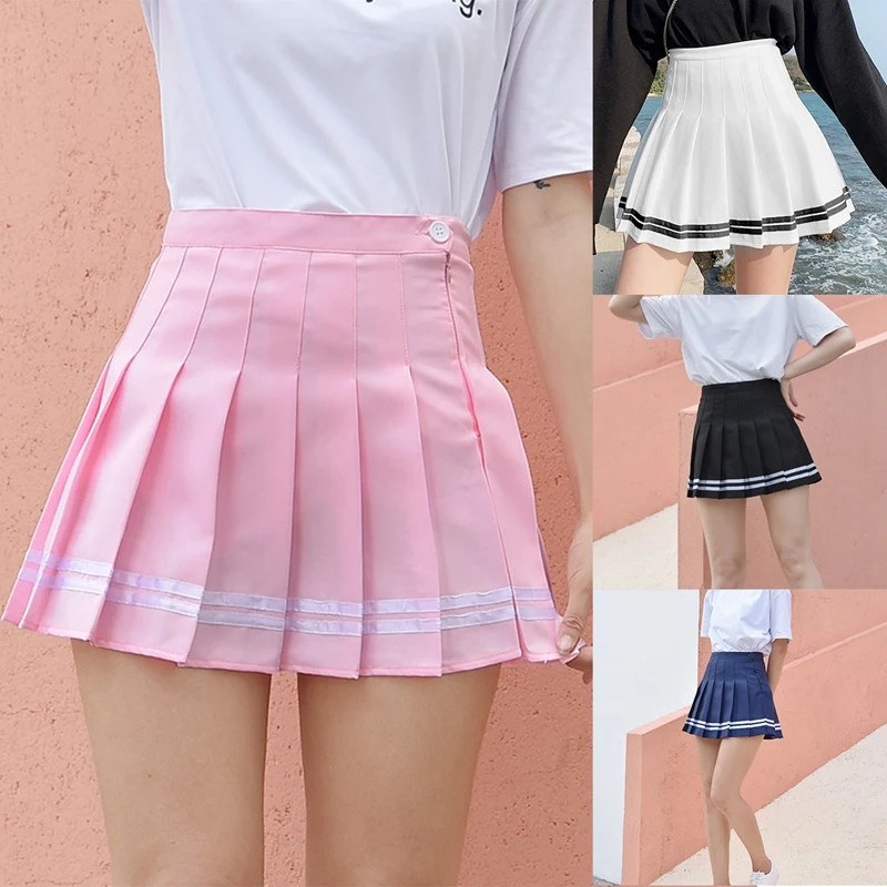 

High Waist Women's Skirts Striped Pleated Skirt Elastic Waist Female Skirts Sweet Mini Skirts Dance Skirt