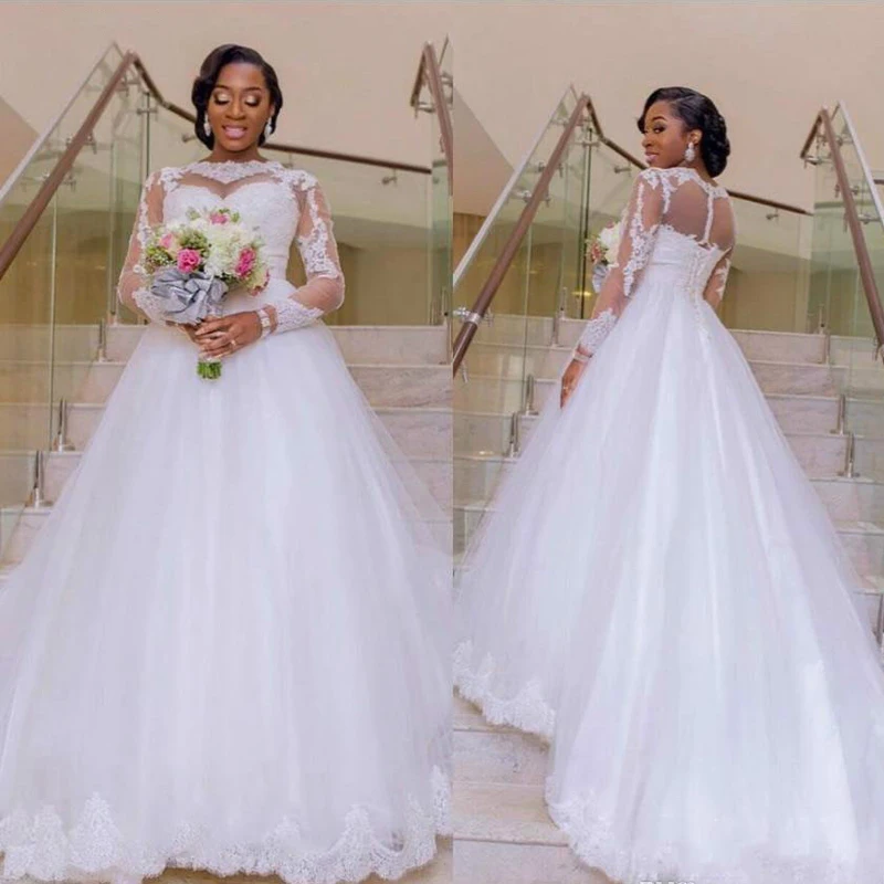 

Wedding Dress Sheer Neck Long Sleeves Lace Applique Bridal Gowns Custom Made Plus Size Bridal Wedding Dresses Bridal Gown