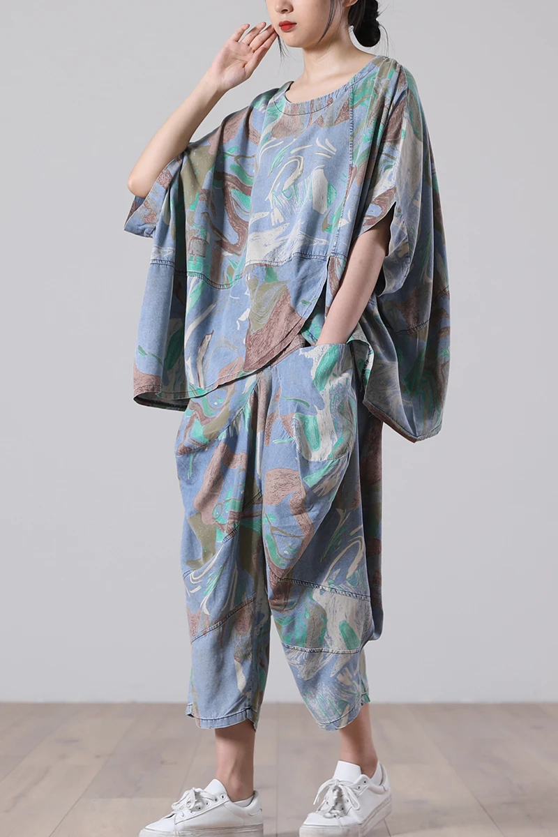 

Female new summer plus size literary color printing irregular short-sleeved casual loose sports two pieces set