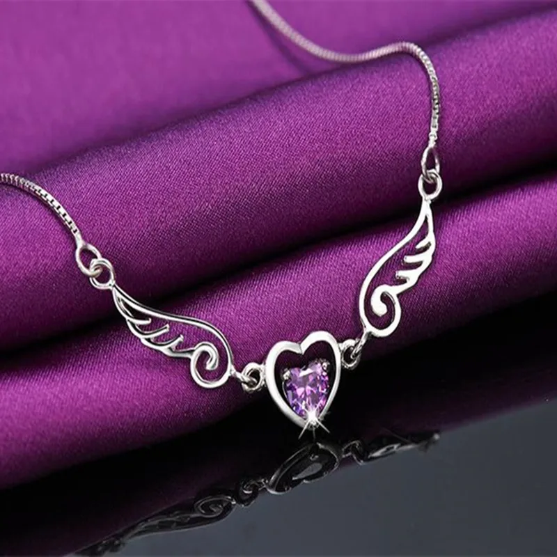 Dream Angels Wings Love Heart ожерелье женский подарок на день рождения 2 цвета 925 Серебряное ожерелье фиолетовый - Окраска металла: purple