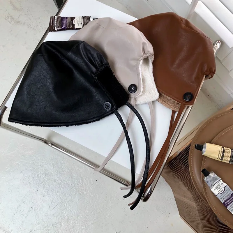 Spring Autumn Bucket Hat Faux Leather Bucket Hats PU Bucket Cap Fisherman Caps