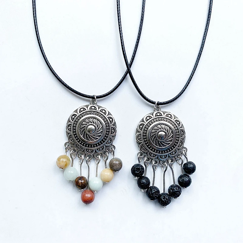 

Black Wax Rope Necklace Tibetan Silver Totem Flower Charm Pendants Necklace Meditation Crystals Stones Spiritual Jewelry