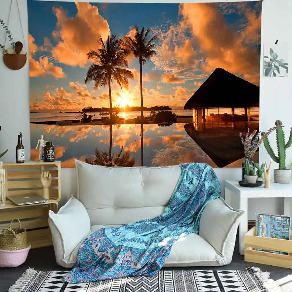 

Simsant Summer Sea Tapestry Coconut Tree Sunset Art Wall Hanging Tapestries for Living Room Bedroom Home Dorm Decor