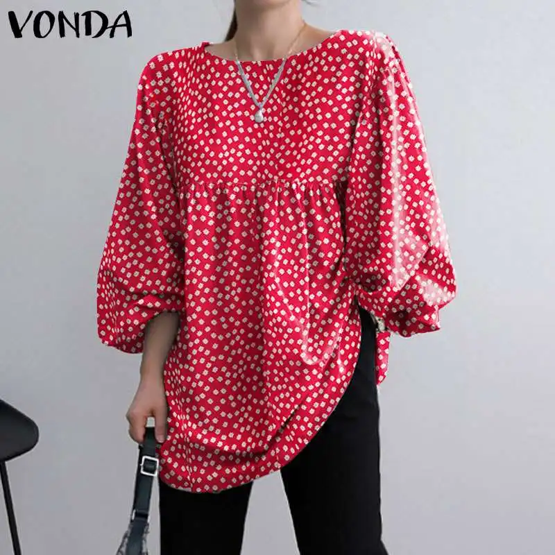 

Женская винтажная блузка с длинными рукавами-фонариками, топы с круглым вырезом, 2021 VONDA, богемные рубашки в горошек, Блузы S-